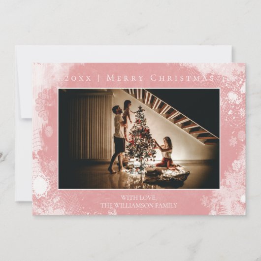 ピンクの霜の雪の結晶クリスマスフォトカード シーズンカード (正面)