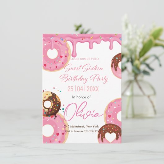 ピンクの霧雨のドーナツのsweet sixteen誕生日 招待状 (スタンド正面)