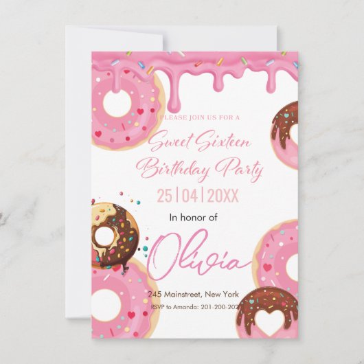 ピンクの霧雨のドーナツのsweet sixteen誕生日 招待状 (正面)