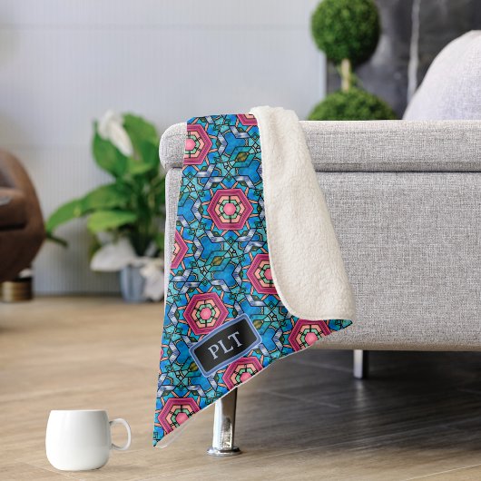 ピンクの青いガラス – アールデコ-イニシャルの追加 シェルパブランケット