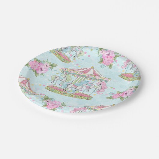 ピンクの青いサーカスの回転木馬の子馬 ペーパープレート (アングル)