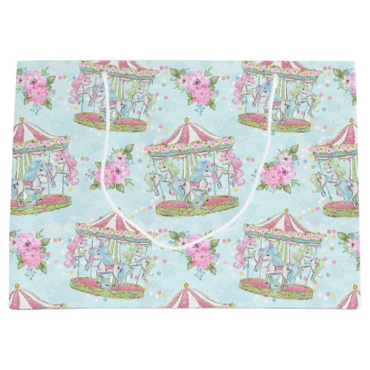 ピンクの青いサーカスの回転木馬の子馬 ラージペーパーバッグ (正面)