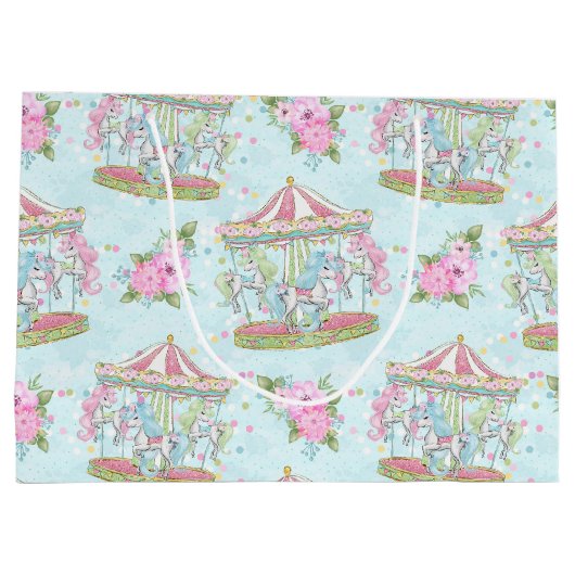 ピンクの青いサーカスの回転木馬の子馬 ラージペーパーバッグ (裏面)