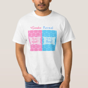 ピンクの青いダマスク織のベビーの性はパーティー人を明らかにします Tシャツ