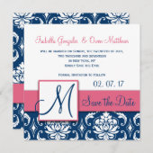 ピンクの青いダマスク織のモノグラムの保存日付カード セーブザデート (正面/裏面)