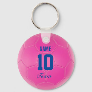 ピンクの青いチームサッカーボールのパーソナライズな名前 キーホルダー