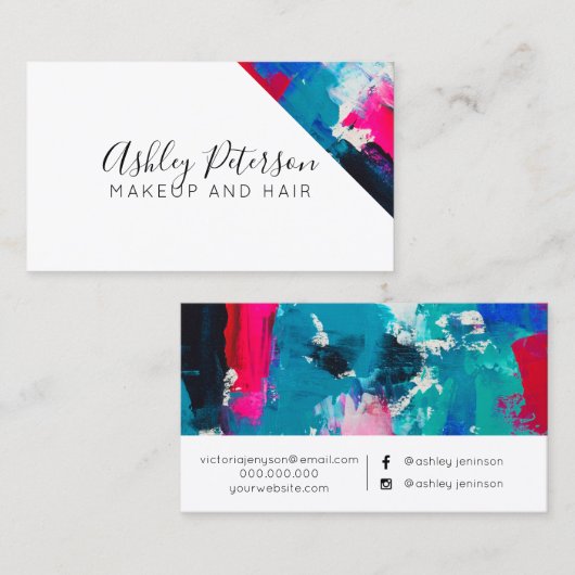 ピンクの青いブラシストローク化粧のタイポグラフィ 名刺 (正面/裏面)