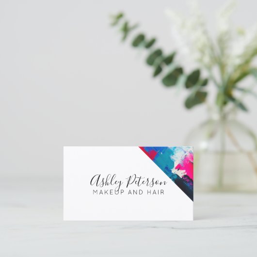 ピンクの青いブラシストローク化粧のタイポグラフィ 名刺 (スタンド正面)