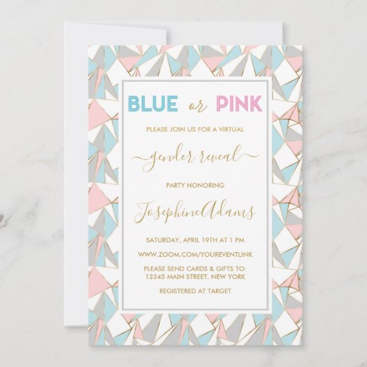 ピンクの青い三角形のパターンの仮想性別の表示 招待状 (正面)