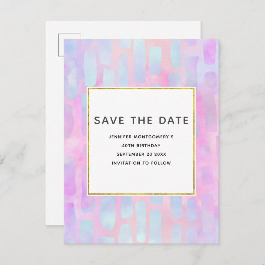 ピンクの青い四角形のシェイプ日付を保存 インビテーションポストカード (正面/裏面)