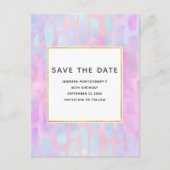 ピンクの青い四角形のシェイプ日付を保存 インビテーションポストカード (正面)