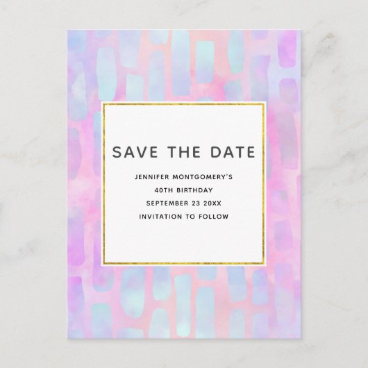 ピンクの青い四角形のシェイプ日付を保存 インビテーションポストカード (正面)