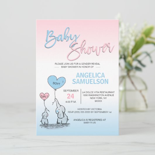 ピンクの青い性は象のベビーシャワーを明らかにします 招待状 (スタンド正面)