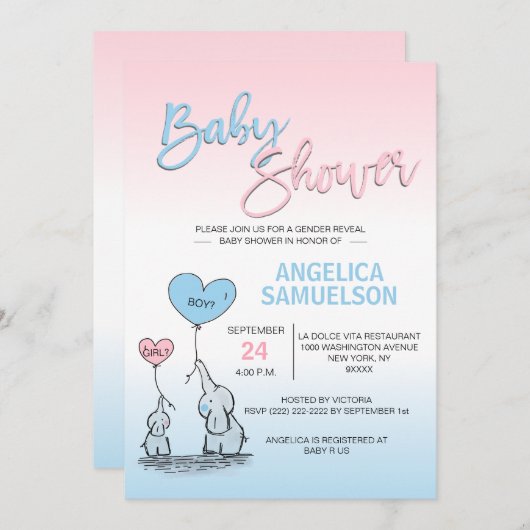 ピンクの青い性は象のベビーシャワーを明らかにします 招待状 (正面/裏面)