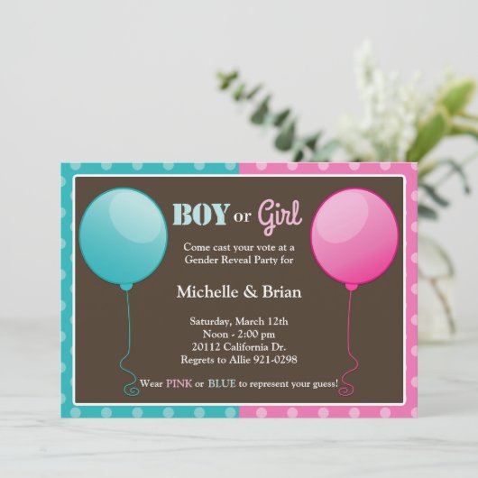 ピンクの青い気球の性はパーティの招待状を明らかにします 招待状 (スタンド正面)