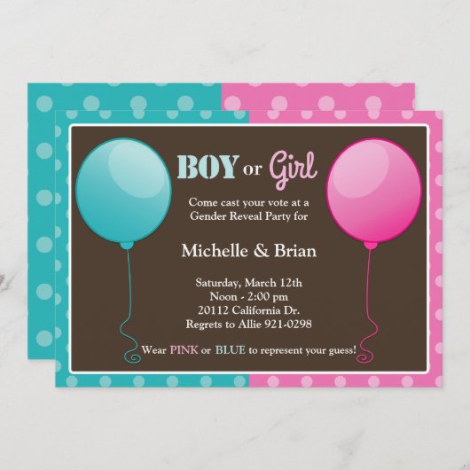 ピンクの青い気球の性はパーティの招待状を明らかにします 招待状 (正面/裏面)
