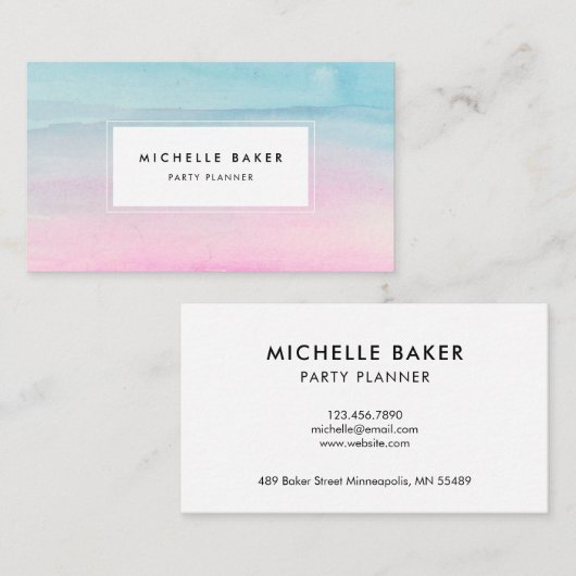 ピンクの青い水彩画のグラデーションなモダン 名刺 (正面/裏面)