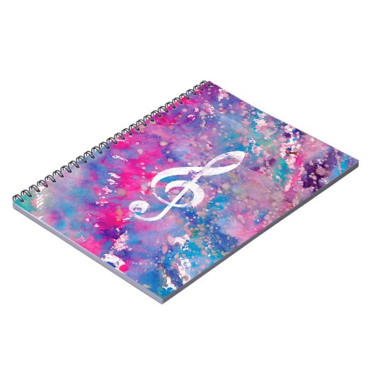 ピンクの青い水彩画のペンキ音楽ノートのト音記号 ノートブック (左側)