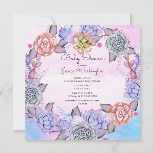 ピンクの青い水彩画のSucculentsのリースのベビーシャワー 招待状 (裏面)