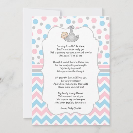 ピンクの青い点のベビーシャワーは注意しますw/poemに感謝していしています サンキューカード (正面)