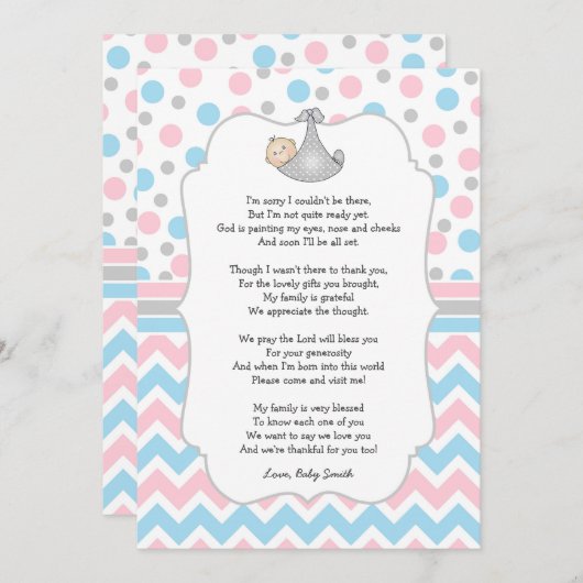 ピンクの青い点のベビーシャワーは注意しますw/poemに感謝していしています サンキューカード (正面/裏面)