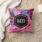 ピンクの青い絵を描渦巻きがモノグラム枕 クッション (ブランケット)