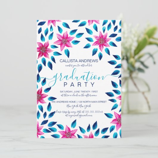 ピンクの青い花の葉アクリル絵を描卒業 招待状 (スタンド正面)