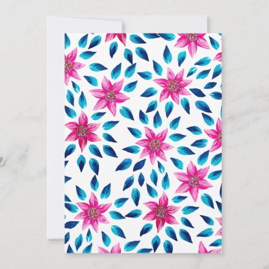 ピンクの青い花の葉アクリル絵を描卒業 招待状 (裏面)