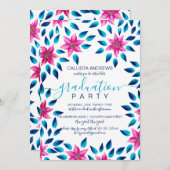 ピンクの青い花の葉アクリル絵を描卒業 招待状 (正面/裏面)
