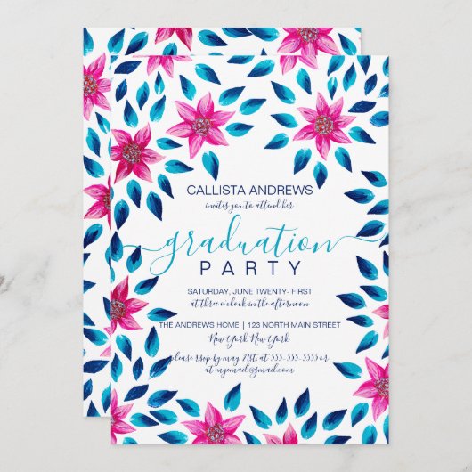 ピンクの青い花の葉アクリル絵を描卒業 招待状 (正面/裏面)