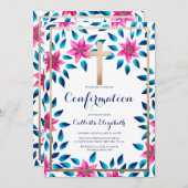 ピンクの青い花の離れ金ゴールドクロス確認 招待状 (正面/裏面)