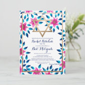 ピンクの青い花離れのバルミツワーヘブライ語の名前 招待状 (スタンド正面)