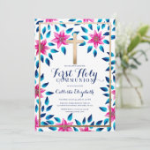 ピンクの青い花離れ金ゴールドクロス聖体 招待状 (スタンド正面)