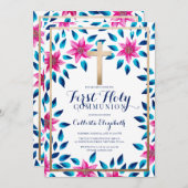 ピンクの青い花離れ金ゴールドクロス聖体 招待状 (正面/裏面)