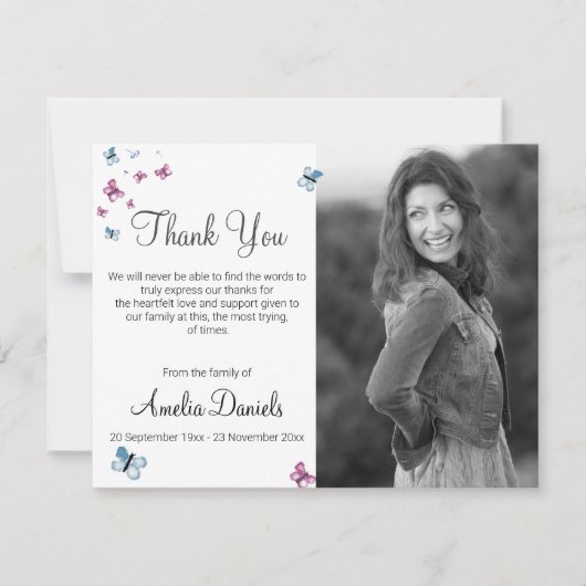 ピンクの青い蝶の写真インメモリサンキューカード 招待状 (正面)