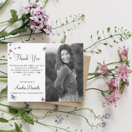 ピンクの青い蝶の写真インメモリサンキューカード 招待状