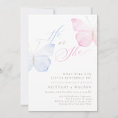 ピンクの青い蝶ジェンダーの表示パーティー 招待状 (正面)