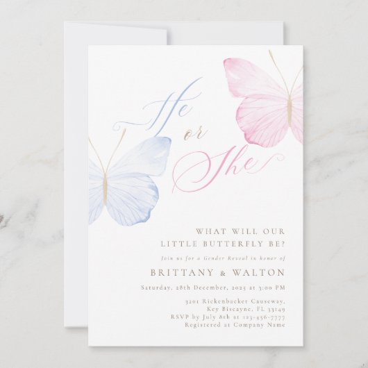 ピンクの青い蝶ジェンダーの表示パーティー 招待状 (正面)