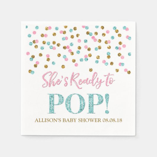 ピンクの青い金ゴールドのドット彼女が準備しているポップ・アートの スタンダードカクテルナプキン (正面)