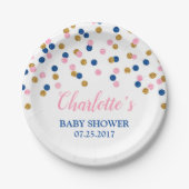 ピンクの青い金ゴールドの点の性はベビーシャワーを明らかにします ペーパープレート (正面)