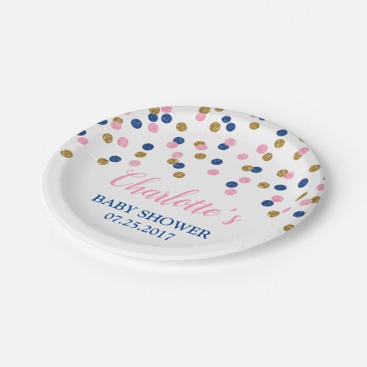 ピンクの青い金ゴールドの点の性はベビーシャワーを明らかにします ペーパープレート (アングル)