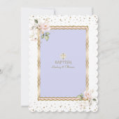 ピンクの青い金ゴールド花クロスツインズバプテスマ 招待状 (裏面)