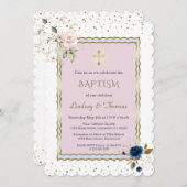 ピンクの青い金ゴールド花クロスツインズバプテスマ 招待状 (正面/裏面)