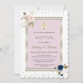 ピンクの青い金ゴールド花クロスツインズバプテスマ 招待状 (正面)