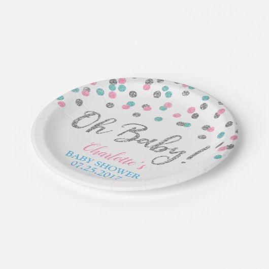 ピンクの青い銀の点の性はベビーシャワーを明らかにします ペーパープレート (アングル)