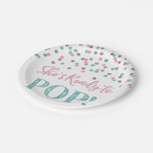 ピンクの青い銀彼女はベビーシャワーをぽんと鳴らして準備ができています ペーパープレート (アングル)