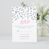 ピンクの青い銀製の紙吹雪のベビーシャワーRSVPカード 出欠カード (スタンド正面)