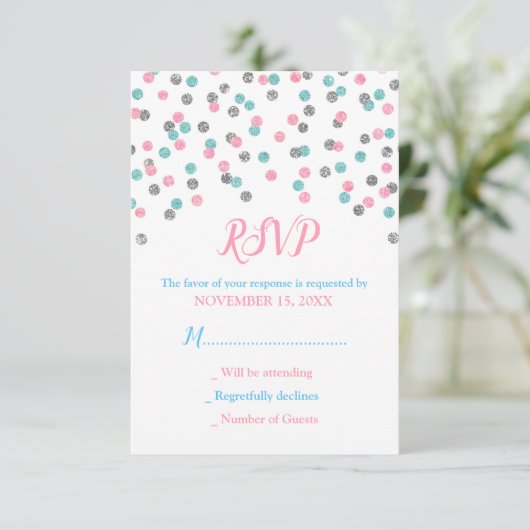 ピンクの青い銀製の紙吹雪のベビーシャワーRSVPカード 出欠カード (スタンド正面)