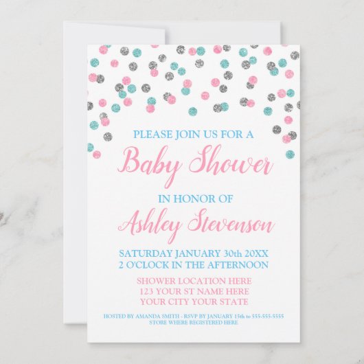 ピンクの青い銀製の紙吹雪の男女兼用なシャワー 招待状 (裏面)