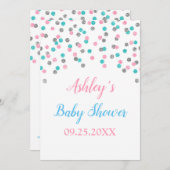 ピンクの青い銀製の紙吹雪の男女兼用なシャワー 招待状 (正面/裏面)